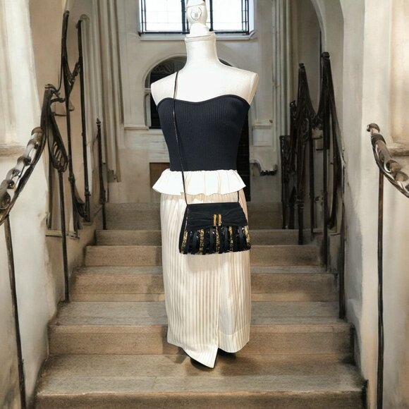 Bycks Evening Bag Black Velvet Clutch Gold Striped Front Bow Shoulder VTG 80s - Picture 2 of 8